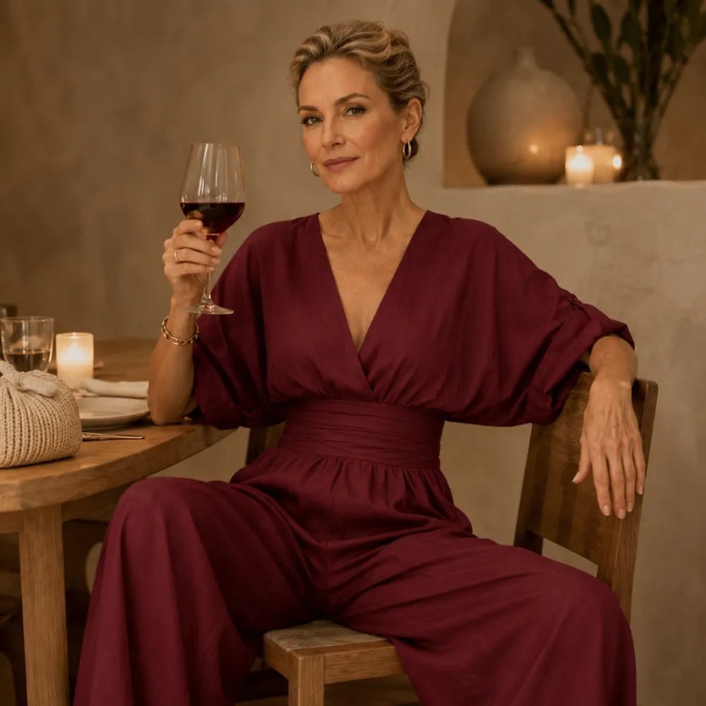 Weiter Jumpsuit mit V-Ausschnitt und plissiertem Taillengürtel als Zweiteiler-Look