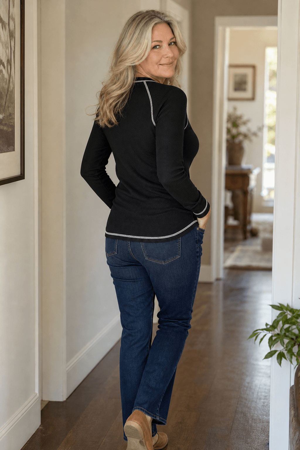 Damen Waffelstrick Henley Shirt mit Kontrastnähten