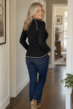 Damen Waffelstrick Henley Shirt mit Kontrastnähten