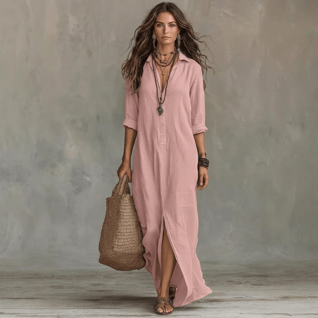 Langärmeliges Maxikleid mit Reverskragen aus Baumwollmischung für den Herbst