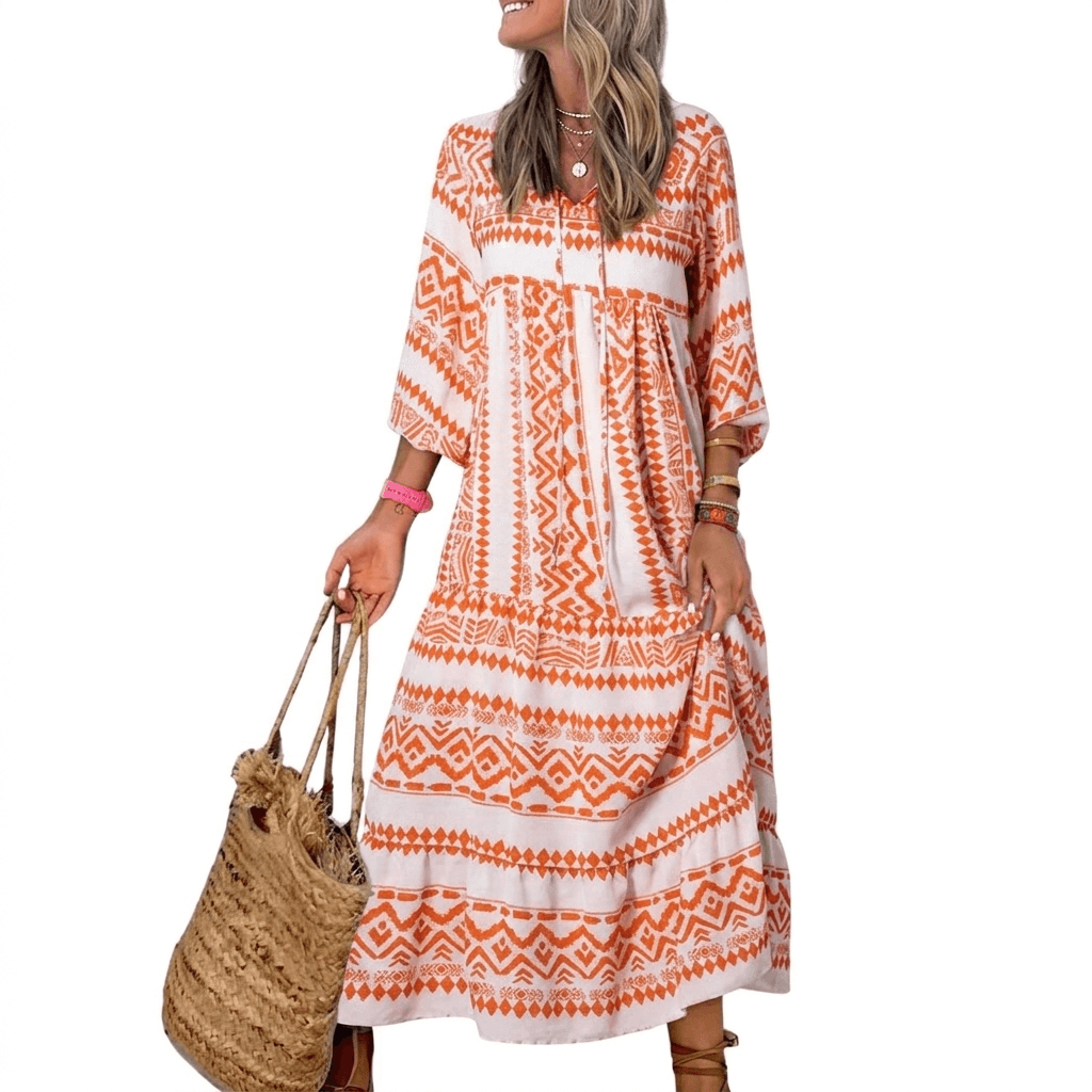 Bedrucktes Maxikleid mit V-Ausschnitt und langen Ärmeln für den Herbst
