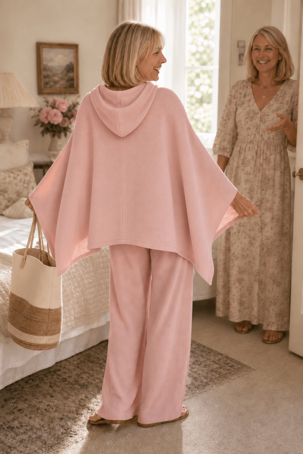 Damen Weite Stoffhose mit Kapuzenponcho im Zweiteiler-Set