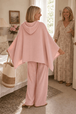 Damen Weite Stoffhose mit Kapuzenponcho im Zweiteiler-Set