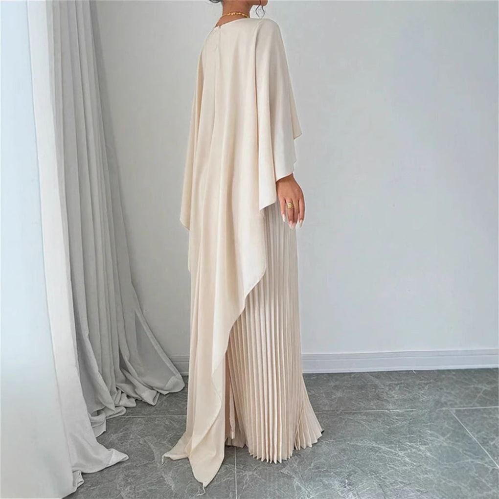 Plissiertes Maxikleid mit Hohem Kragen und Fledermausärmeln für Damen im Herbst