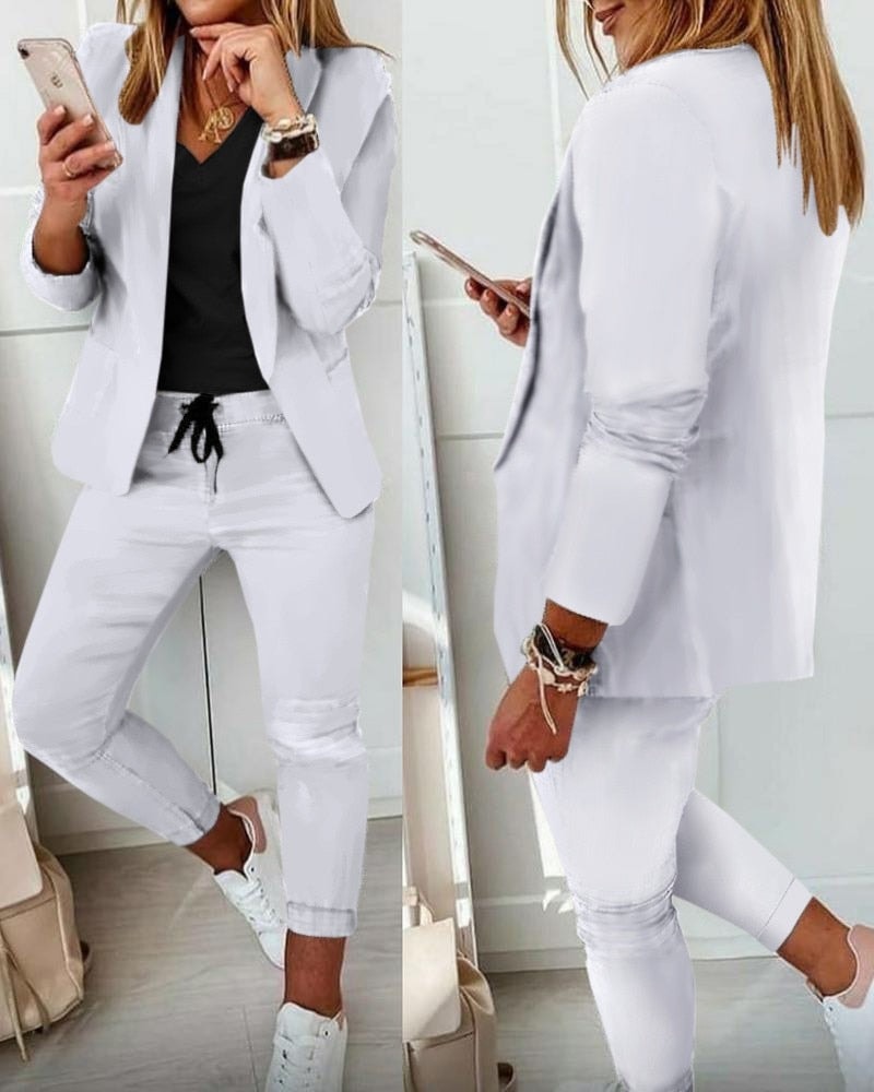 Damen-Zweiteiler-Set aus Baumwollmischung mit Blazer und schmaler Hose