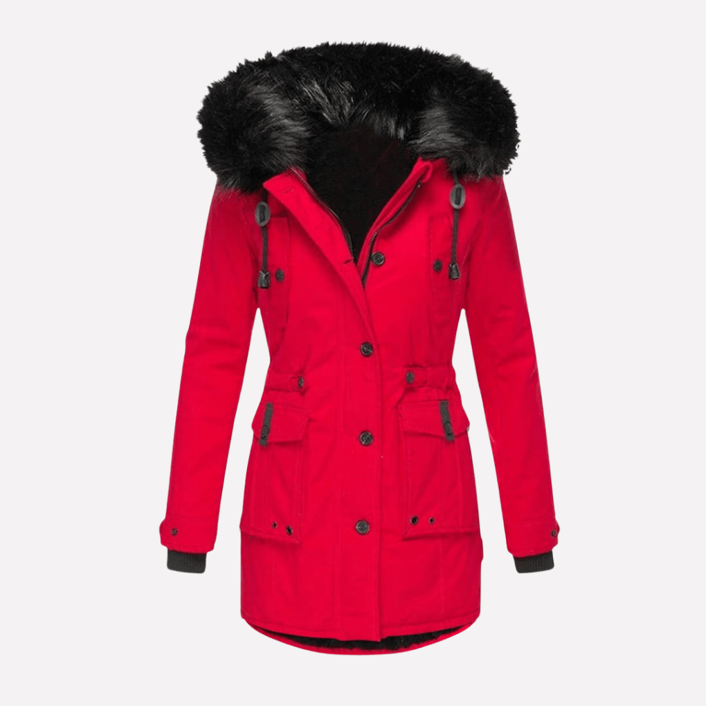 Warme Damen-Winterjacke aus Baumwollmischgewebe mit Kapuze und Klapptaschen