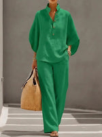 Weites Leinen-Zweiteiler-Set mit Stehkragen und Culotte-Hose