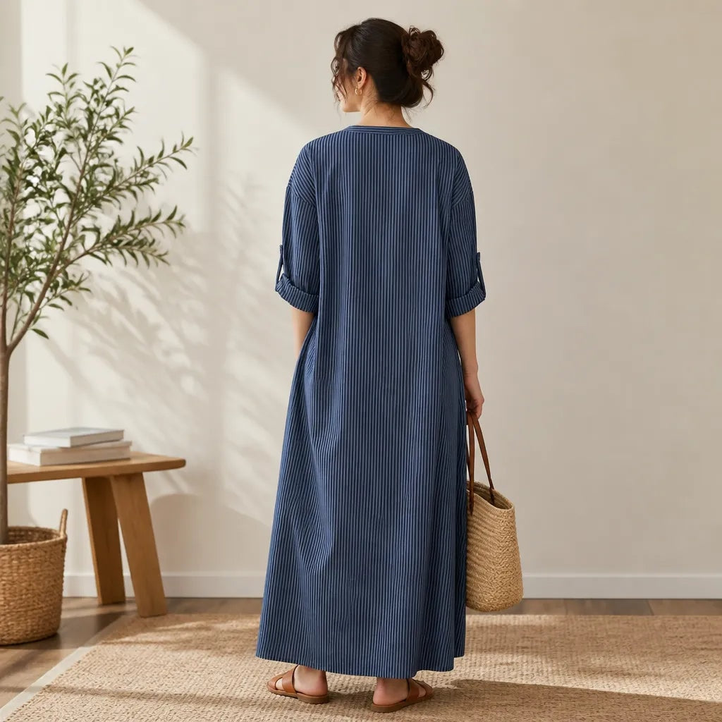 Gestreiftes Boho V-Ausschnitt Maxikleid mit Taschen und Langarm