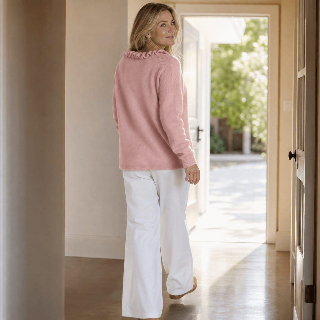 Rüschenkragen-Strickjacke aus weichem Feinstrick für Damen
