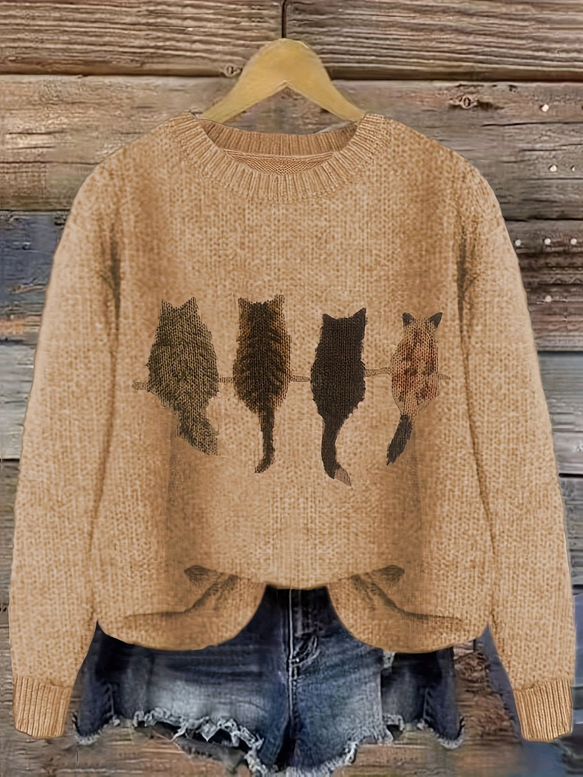 Grobstrick Rundhals Damenpullover mit Katzen-Motiv und Rippbündchen