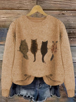Grobstrick Rundhals Damenpullover mit Katzen-Motiv und Rippbündchen