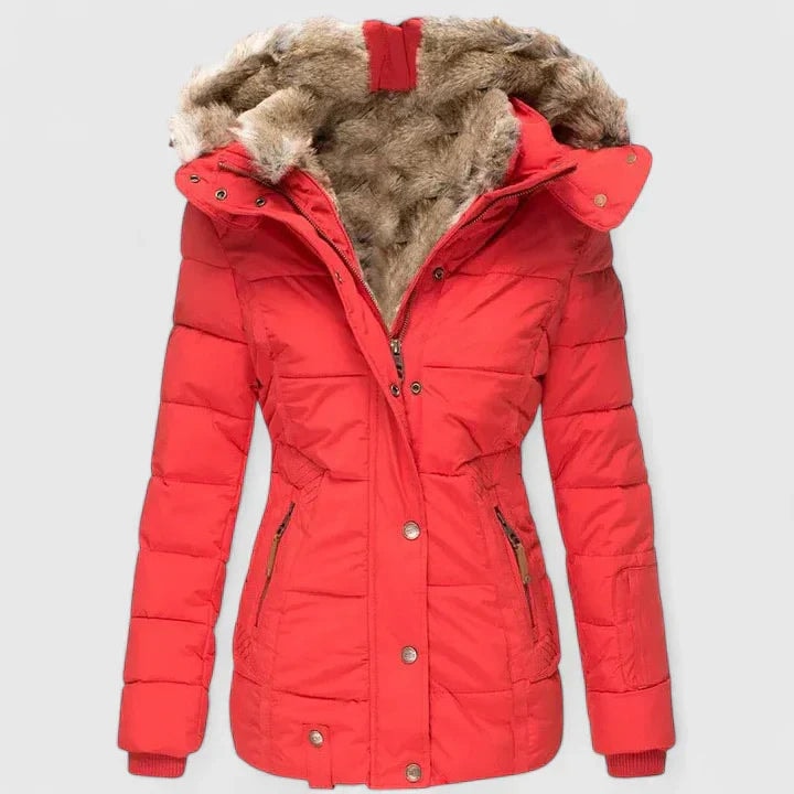 Gefütterte Damen Steppjacke mit Kapuze und Kunstfellkragen