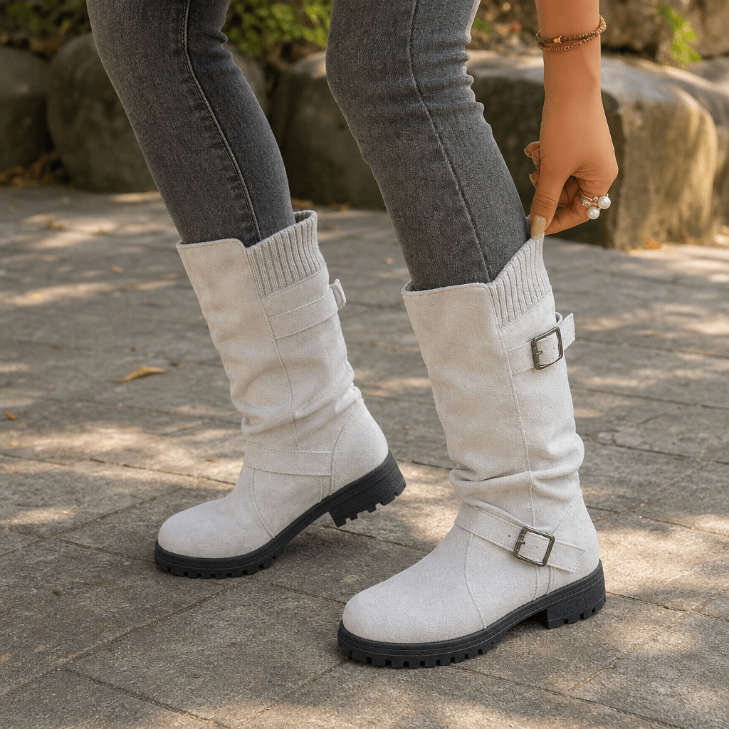 Damen Winterstiefel aus Veloursleder mit Strickbündchen und Profilsohle im Slouch-Design