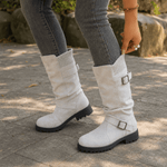 Damen Winterstiefel aus Veloursleder mit Strickbündchen und Profilsohle im Slouch-Design