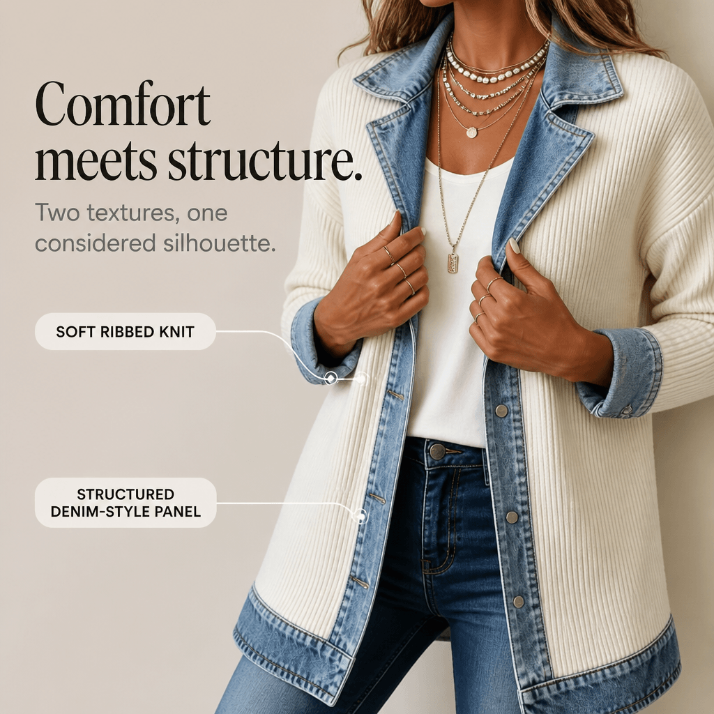 Strickjacke mit Denim-Paneelen und gerippter Struktur