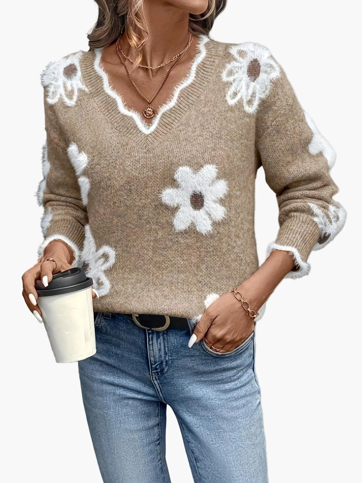 Damen Strickpullover mit Blumenstickerei und V-Ausschnitt im Norweger-Stil