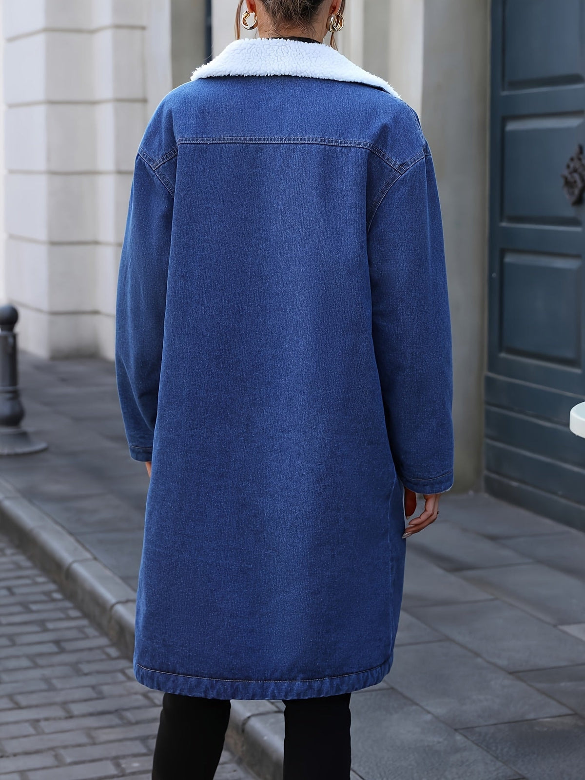 Damen Jeansmantel mit Teddyfutter und Reverskragen Mittellang