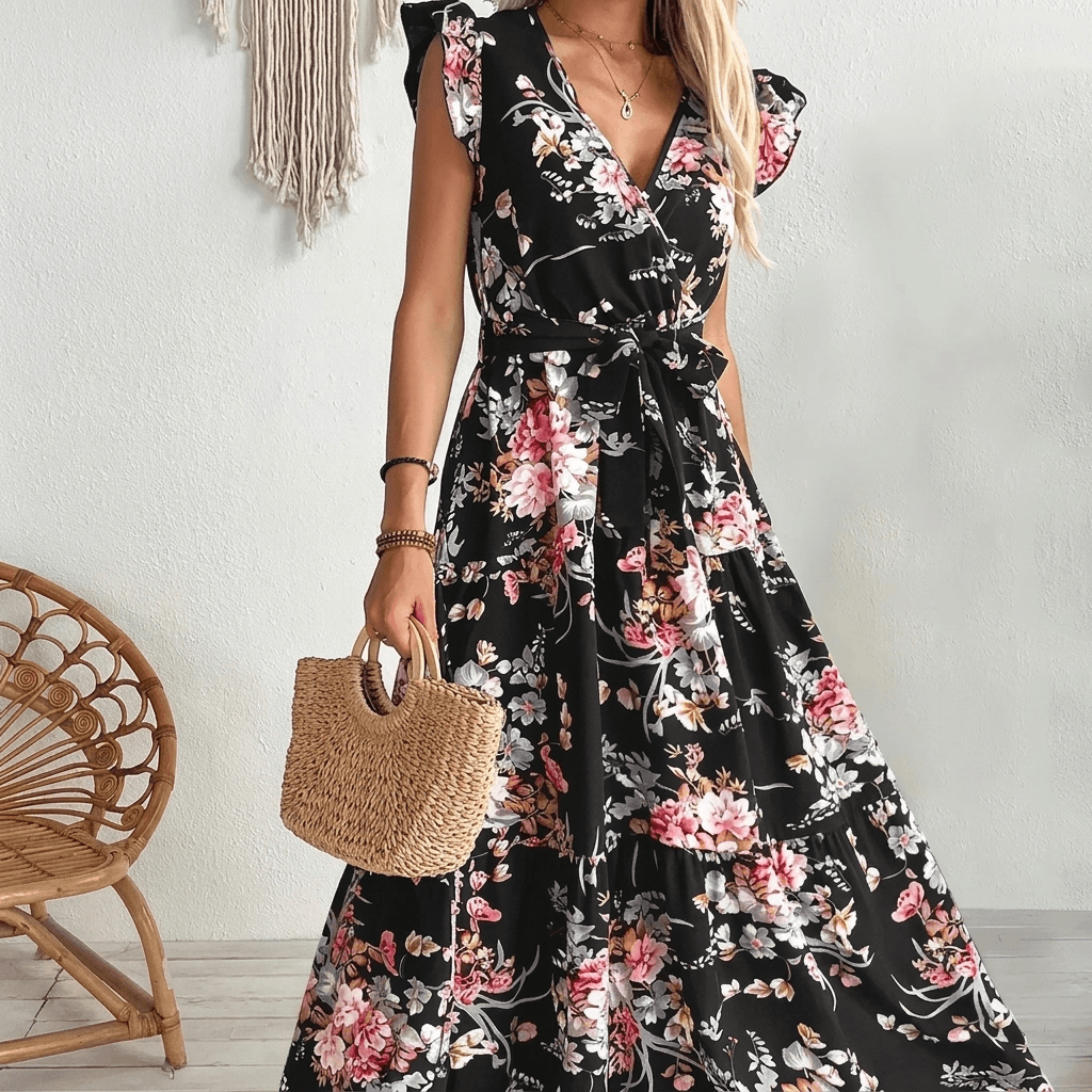 Geblümtes Wickel-Maxikleid mit Rüschenärmeln für den Herbst