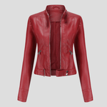 Bikerjacke aus Kunstleder mit Stehkragen und Schnallenriemen für Damen