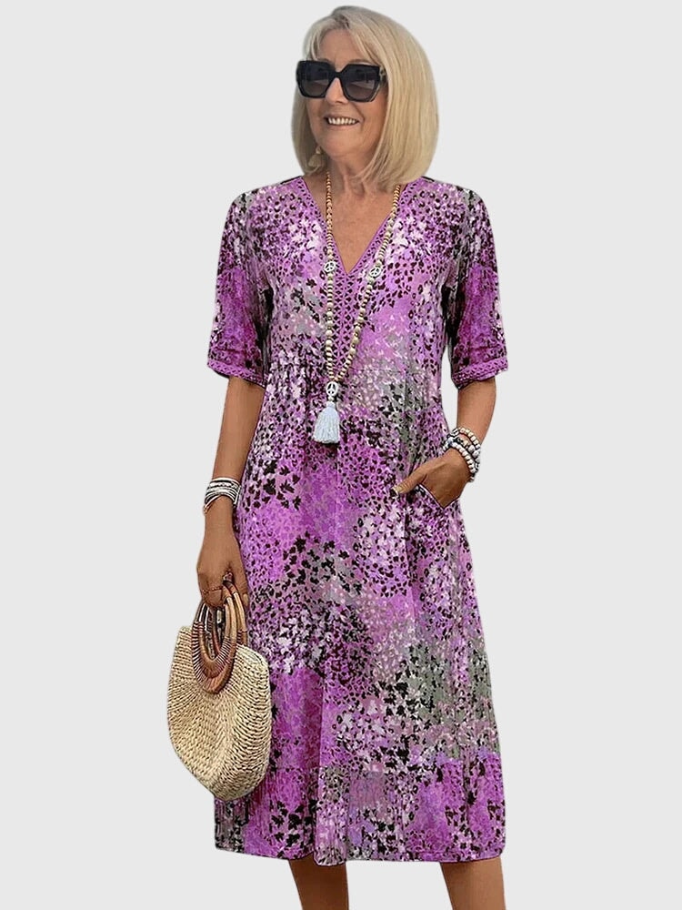 Florales Bohemian Midikleid mit V-Ausschnitt und Taschen