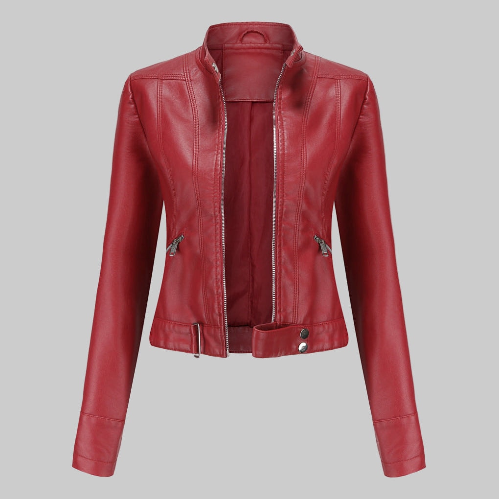 Kunstleder-Bikerjacke mit Stehkragen und durchgehendem Reissverschluss für Damen