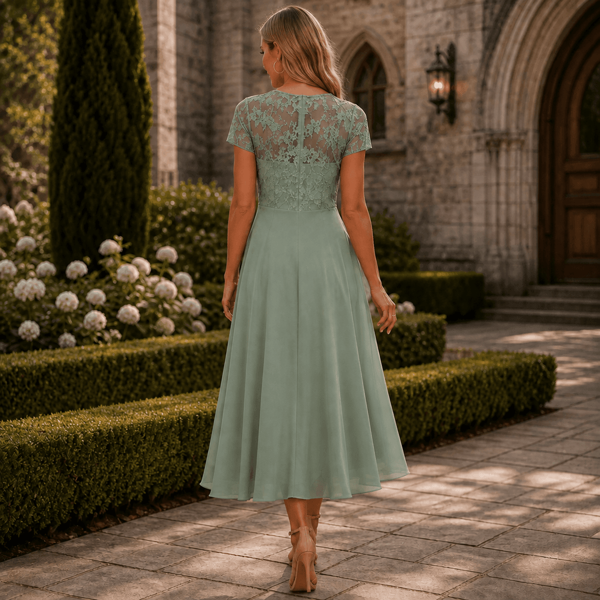 Blumen-Midikleid für Damen aus Spitze mit Chiffon-Rock und kurzen Ärmeln