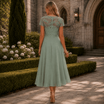 Blumen-Midikleid für Damen aus Spitze mit Chiffon-Rock und kurzen Ärmeln