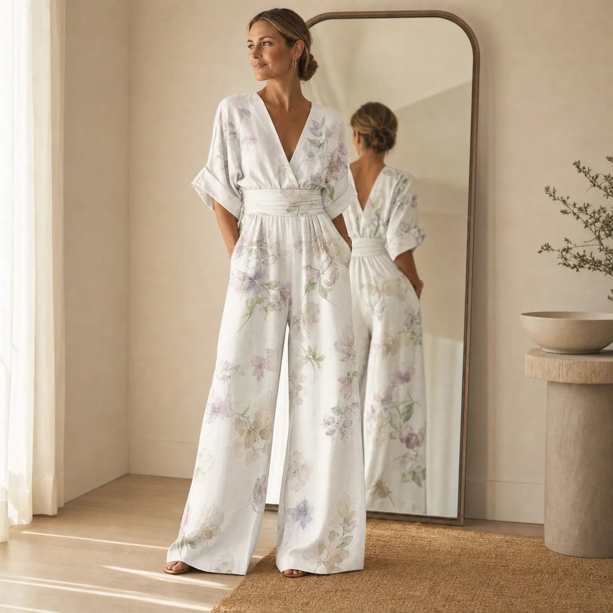 Solene V-Ausschnitt Jumpsuit mit weitem Bein und gebundener Taille