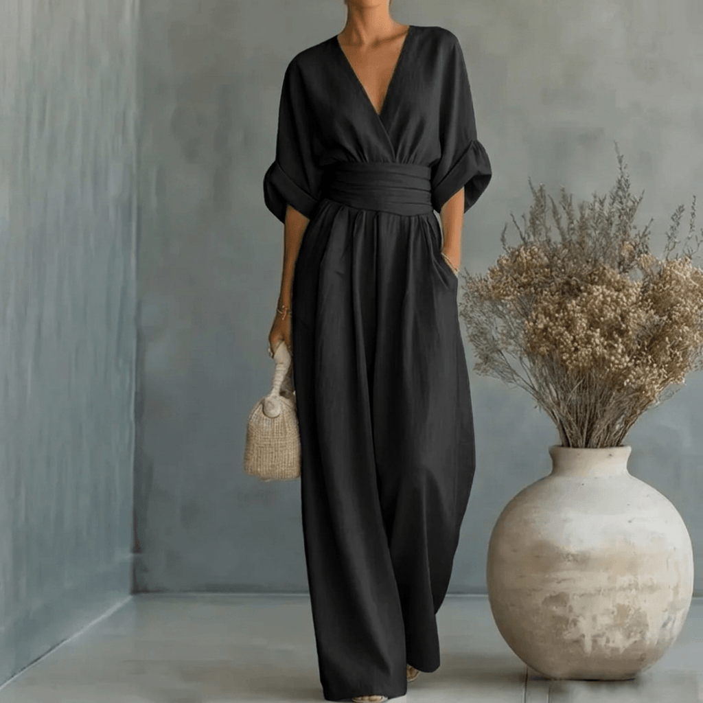 Eleganter Jumpsuit mit V-Ausschnitt und weitem Bein für den Herbst