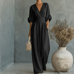 Eleganter Jumpsuit mit V-Ausschnitt und weitem Bein für den Herbst