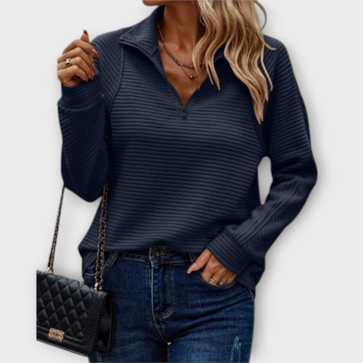 Damen Sweatshirt mit Reissverschluss und Stehkragen aus Rippstruktur