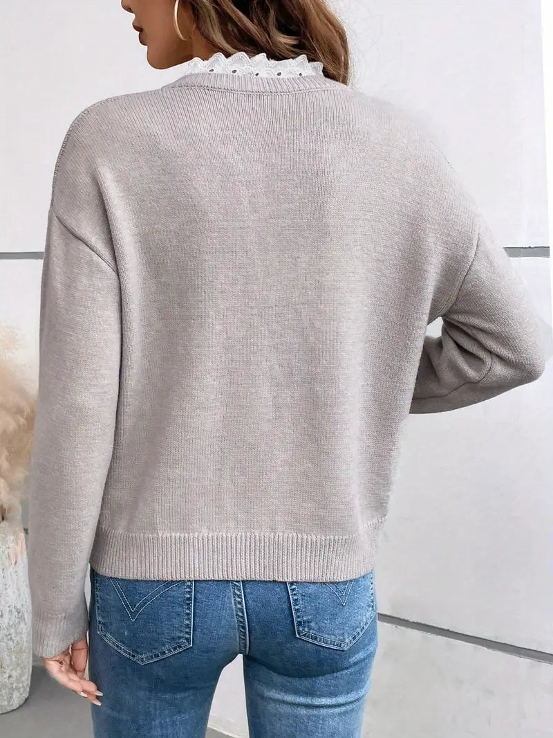 Kaitlyssa Damen Wollpullover mit Spitzenkragen und V-Ausschnitt