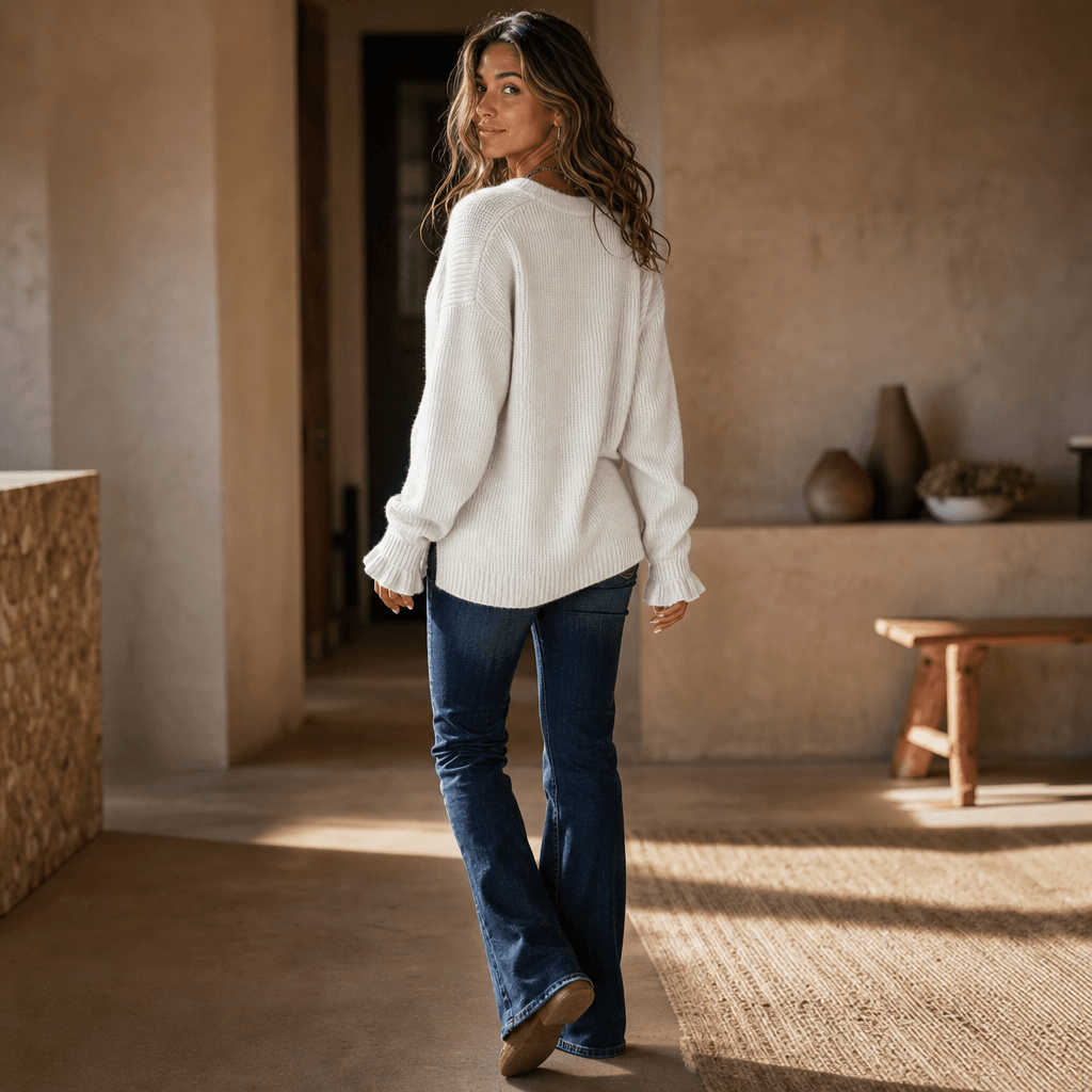 Damen V-Ausschnitt Strickpullover mit Knopfleiste und Rippstruktur