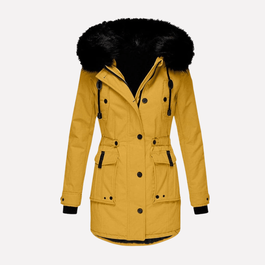 Warme Damen-Winterjacke aus Baumwollmischgewebe mit Kapuze und Klapptaschen