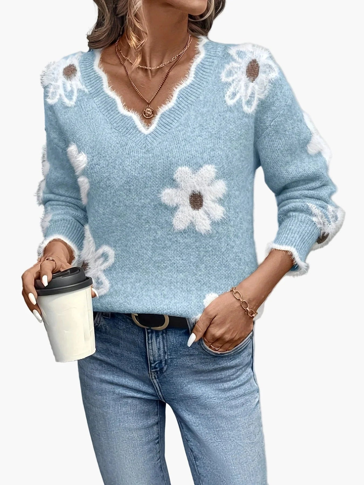 Damen Strickpullover mit Blumenstickerei und V-Ausschnitt im Norweger-Stil