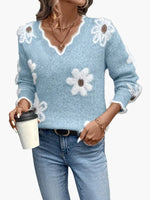Damen Strickpullover mit Blumenstickerei und V-Ausschnitt im Norweger-Stil