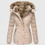 Gefütterte Damen Steppjacke mit Kapuze und Kunstfellkragen