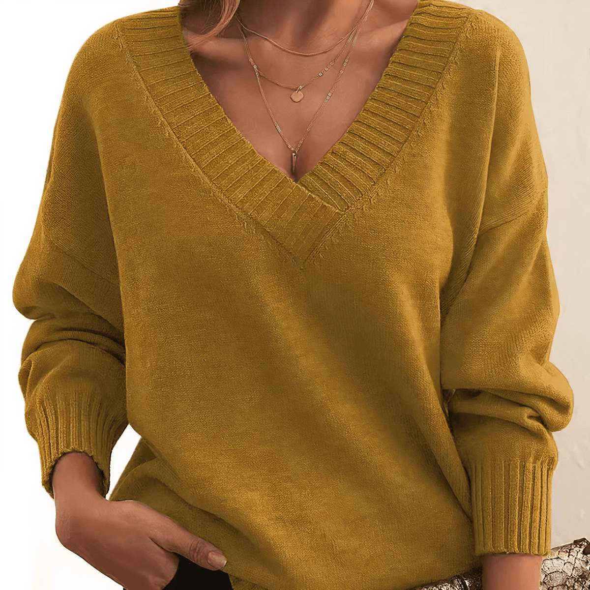 Solveig Kaschmir-Damenpullover mit V-Ausschnitt und langen Ärmeln