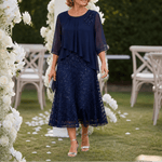 Elegantes Midikleid mit Spitzenoverlay und Chiffonärmeln
