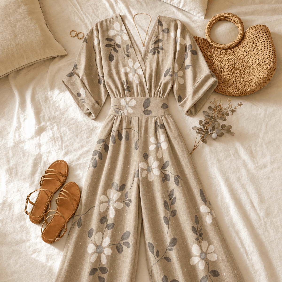 Solene V-Ausschnitt Jumpsuit mit weitem Bein und gebundener Taille