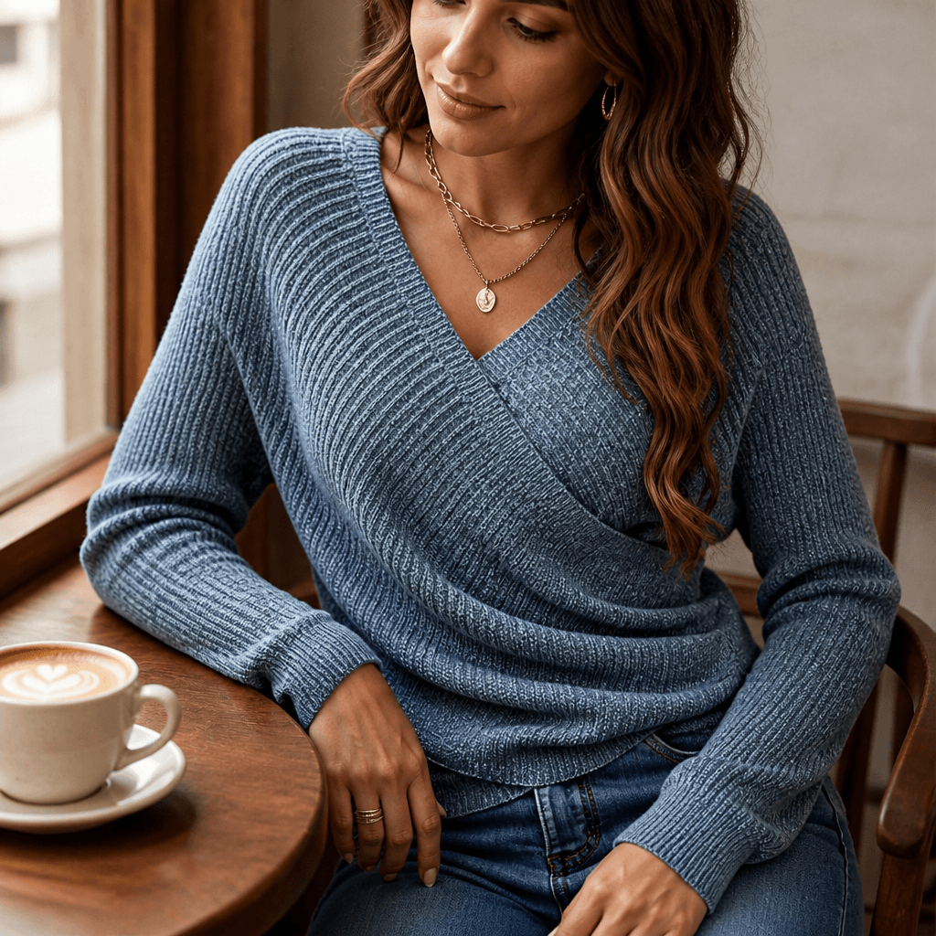 Wickel-Strickshirt mit V-Ausschnitt für Damen aus Feinstrick