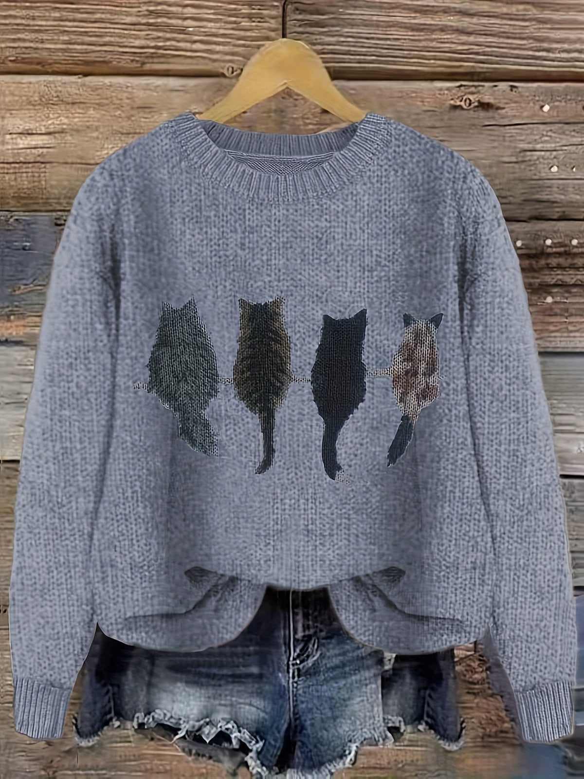 Grobstrick Rundhals Damenpullover mit Katzen-Motiv und Rippbündchen