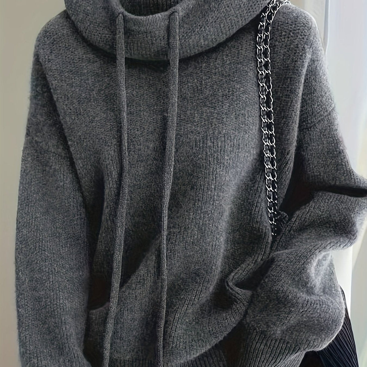 Oversize Strick-Kapuzenpullover Damen mit Kordelzug und Rippbündchen