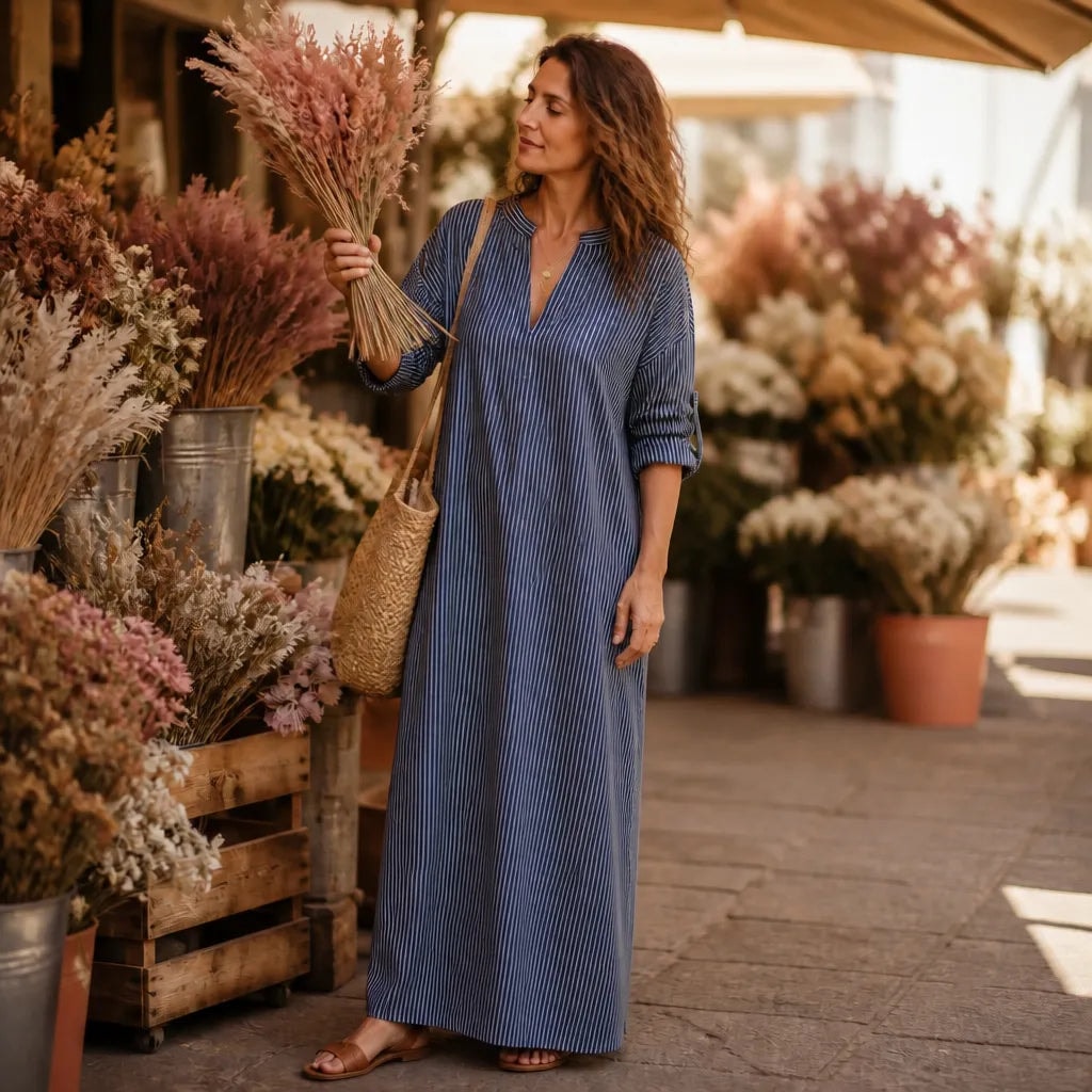 Gestreiftes Boho V-Ausschnitt Maxikleid mit Taschen und Langarm