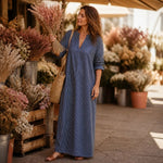 Gestreiftes Boho V-Ausschnitt Maxikleid mit Taschen und Langarm