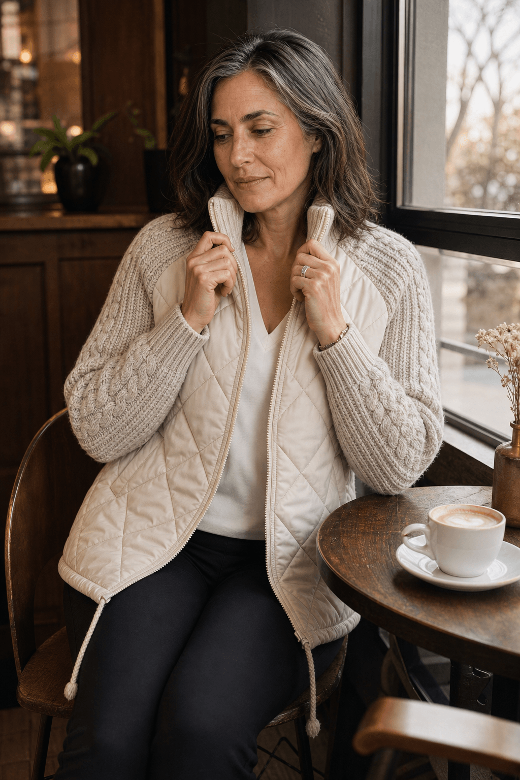 Damen Steppjacke mit Strickbesatz an Bund Ärmeln und Kragen im Patchwork-Design