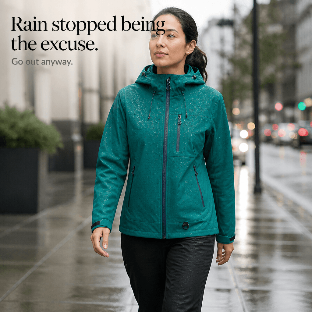 Wasserdichte Damen Regenjacke mit Kapuze und Lotuseffekt