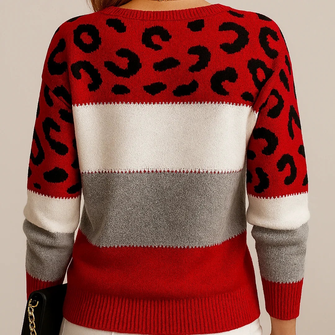 Jasmine Damen Norwegerpullover Strick mit Leopardenmuster und Farbblock-Design