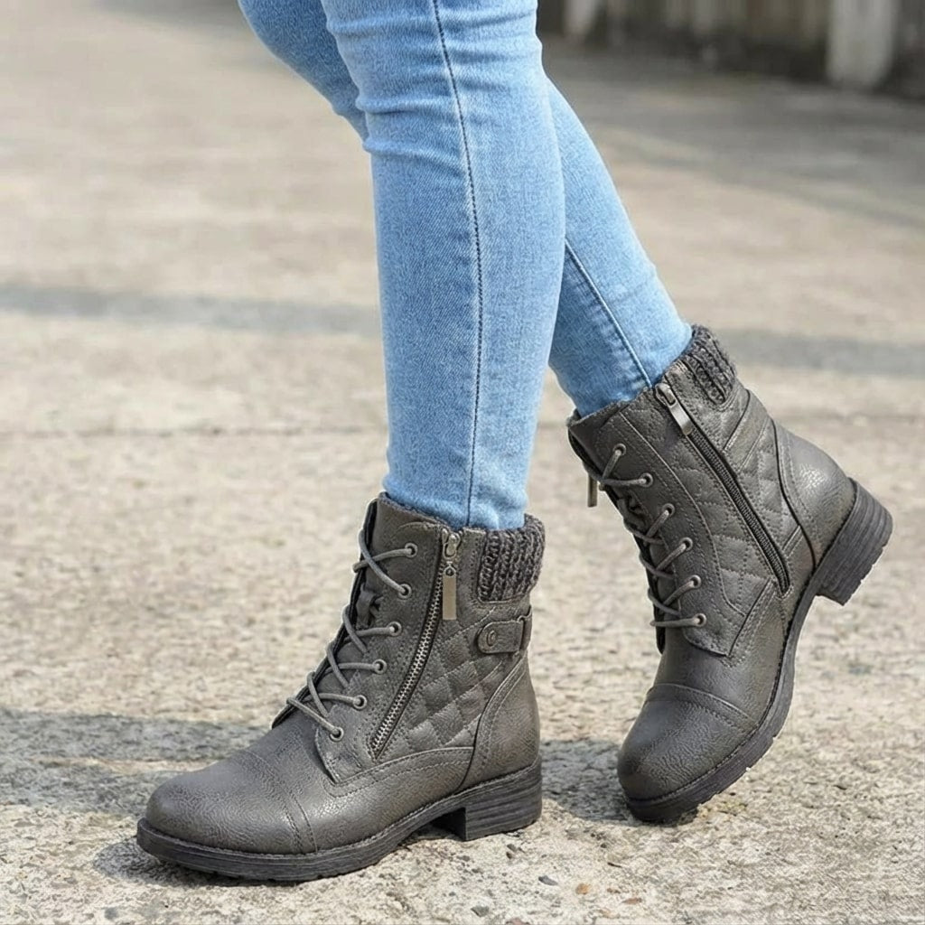 Damen Schnürstiefeletten mit Quilt-Optik und Blockabsatz