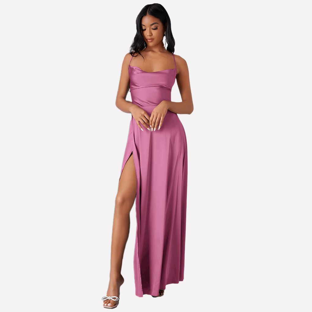 Rückenfreies Satin-Maxikleid für Damen mit Hohem Seitenschlitz für den Herbst